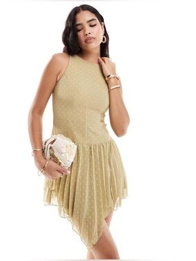 Sage Green Dobby Mesh Drop Waist Mini Dress Asymmetrical Hem 4